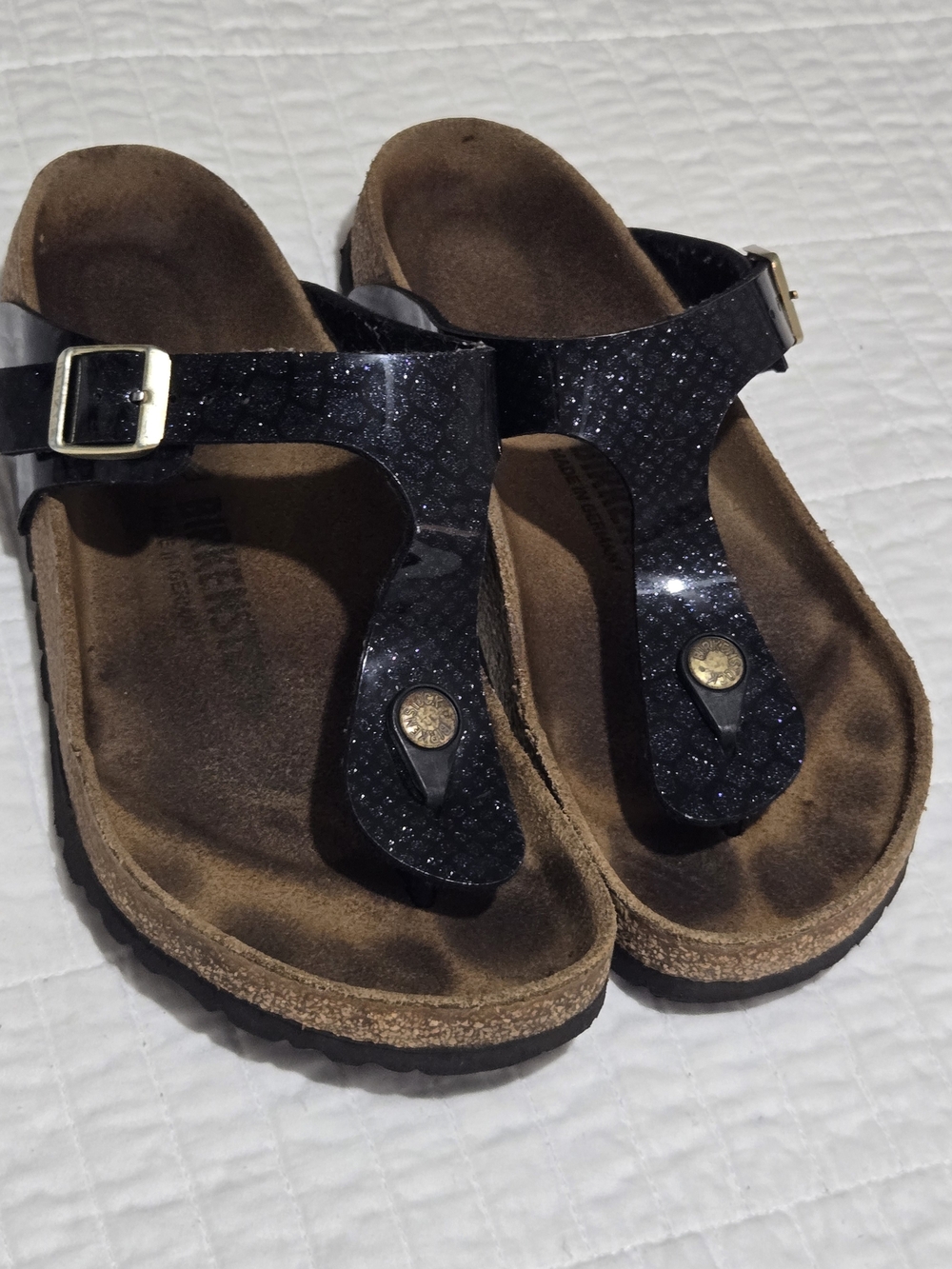 Birkenstock Black Patent Thong Sandals with Gold Buckles - Picture 2 of 7